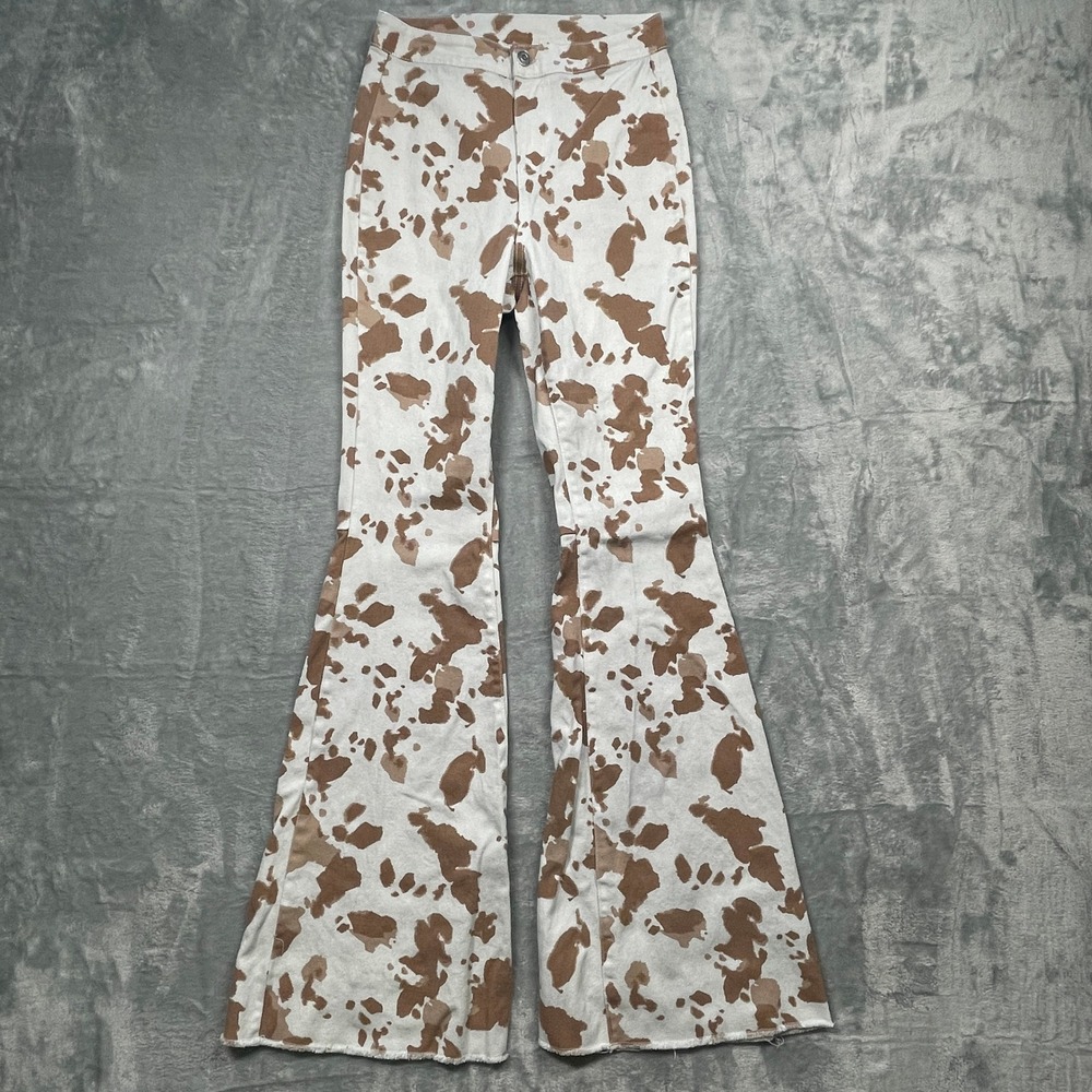 Peach Love California Cow Print Flare Pants Womens XS Brown‎ White Bell Bottoms